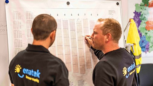 Zwei Techniker vor einem Modul-Plan